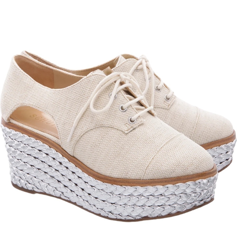 SCHUTZ Cream Lace-Up Platform Wedges with Silver Braided Sole